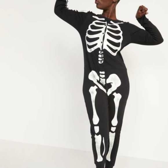 New womens XSP Old Navy Halloween skeleton one piece pajamas glow in the dark - Picture 1 of 6